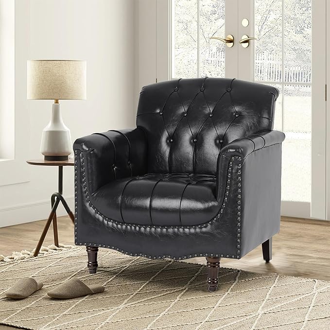 Faux Leather Accent Chair, PU Leather Modern Comfy Upholstered Armchair with Wood Legs & Nailhead Trim for Living Room, Bedroom (Black Blue,Set of 1)