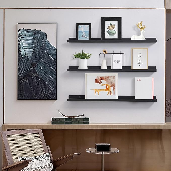 MBYD 48 Inch Long Dark Black Floating Photo Shelves with Lip, Picture Ledge Shelf Set of 3 Same Sizes, Wall Mounted Wooden Shelf for Bedroom Bathroom Kitchen Bathroom Living Room