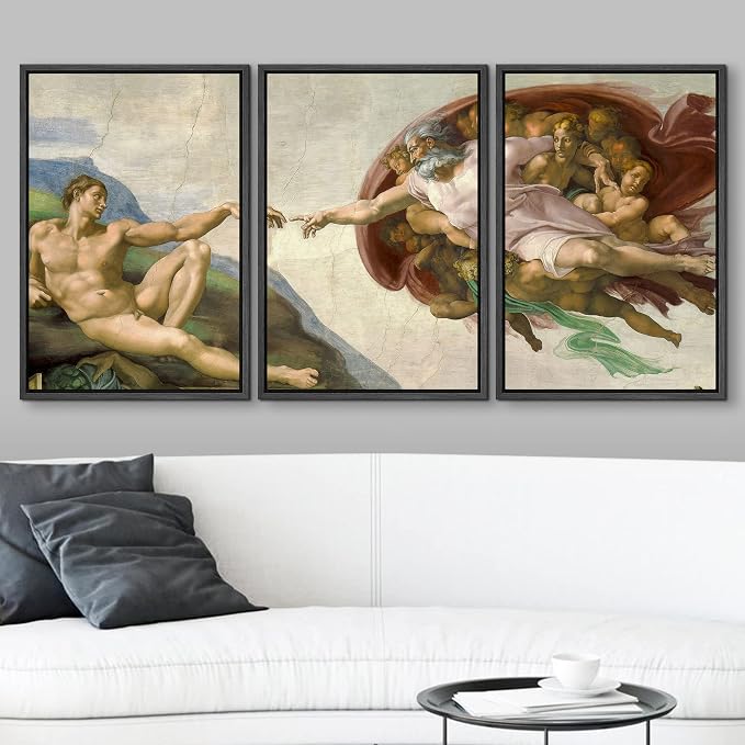 wall26 Framed Canvas Print Wall Art Set Creation of Adam by Michelangelo Cultural Historic Oil Painting Fine Art Reproduction Scenic Colorful for Living Room, Bedroom, Office - 24"x36"x3 Black