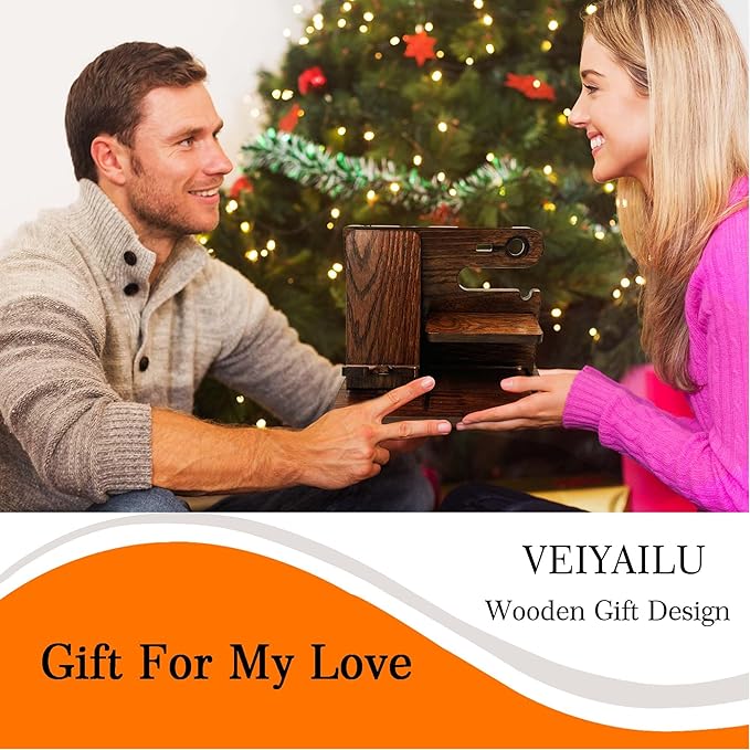 VEIYAILU Walnut Wood Phone Docking Station Nightstand Organizer for Men, Gifts for Him, Boyfriend, Dad, Husband, Brother, Son, Anniversary, Birthday, Christmas, Father's Day