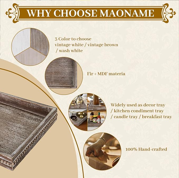 MAONAME Wood Serving Tray, Farmhouse Wooden Tray for Coffee Table, Rustic Square Trays with Beads, Vintage Brown Decorative Trays for Living Room, Kitchen, 12" X 12" X 1.6"