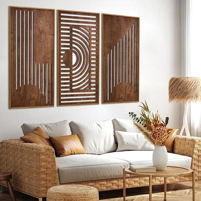 TOARTi Abstract Geometric Framed Wooden Wall Art Decor(16"x32"x3pcs), Large Vintage Mid Century Rectangle Wall Sculptures, Rustic Minimalist Geometry Artwork for Home Bedroom Living Room