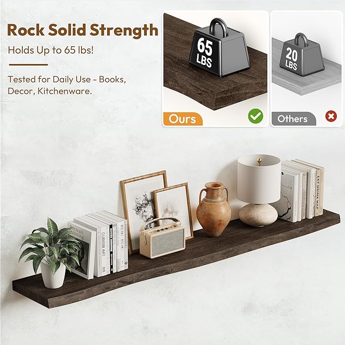 Vivelove Live Edge Floating Shelves for Wall Solid Elm Wood, Rustic Farmhouse Wall Shelf with Invisible Bracket for Living Room Bedroom Bathroom Office Book, 55 Inches - Set of 1 - Dark Walnut