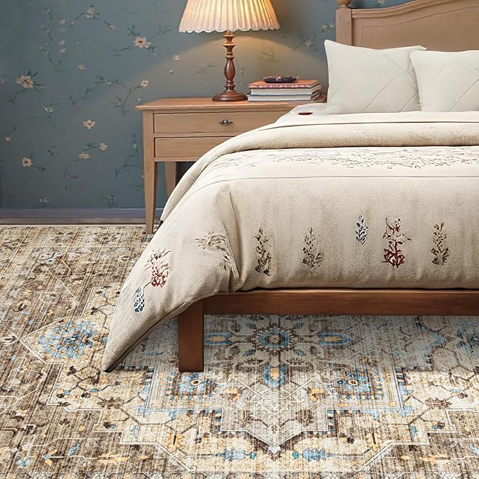 Area Rug 5x7 Vintage Rug: Washable Indoor Medallion Rugs Low Pile Distressed Floor Carpet Retro Accent Rug for Living Room Bedroom Kitchen Dining Table Home Office(Brown/Blue, 5'x7')