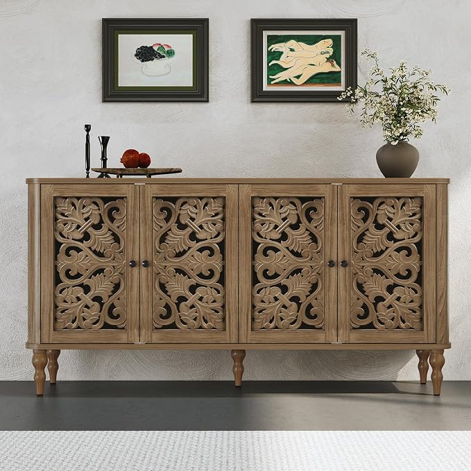 ARTPOWER 63" Retro Arc Carved Sideboard Buffet Cabinet, 4 Craft Doors Wooden Accent Credenza for Living Room, Dining Room, Entryway, Hallway, Light Walnut