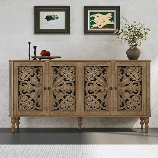 ARTPOWER 63" Retro Arc Carved Sideboard Buffet Cabinet, 4 Craft Doors Wooden Accent Credenza for Living Room, Dining Room, Entryway, Hallway, Light Walnut