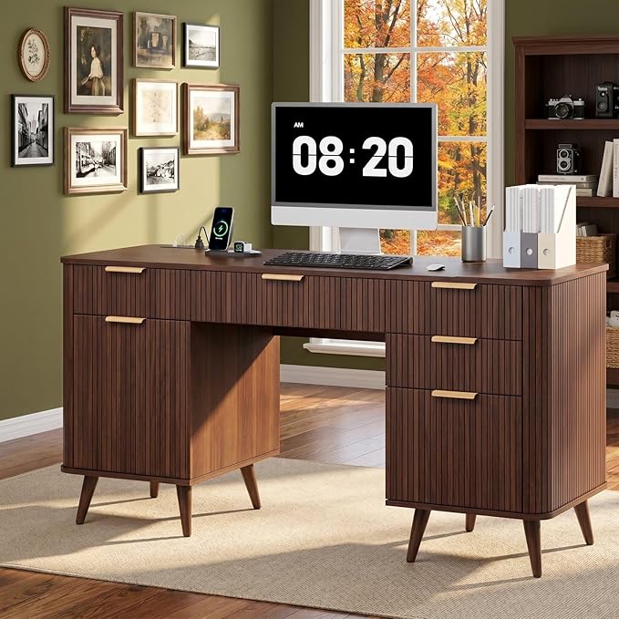 Whalefall 59" Fluted Executive Desk with Charging Station, Modern Wood Home Office Desk with 5 Drawers & File Cabinet, Computer Writing Desk for Study, Walnut (Executive Desk)