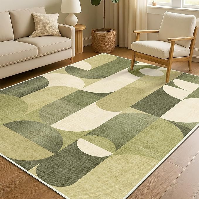 Green Rug 4x6.5 Washable Area Rugs for Bedroom Living Room Kitchen Entryway Bedside,Modern Geometric Non Slip Small Carpet