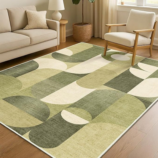 Green Rug 4x6.5 Washable Area Rugs for Bedroom Living Room Kitchen Entryway Bedside,Modern Geometric Non Slip Small Carpet