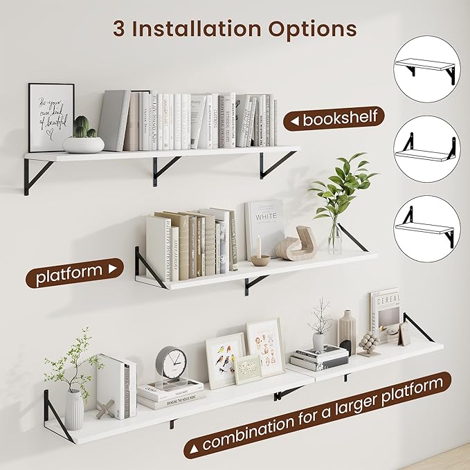 Axeman 48 Inch Floating Shelves | 10 Inch Deep White Wall Shelves Set of 2 | 48" W x 10" D White Wood Floating Shelves for Living Room Bathroom Kitchen