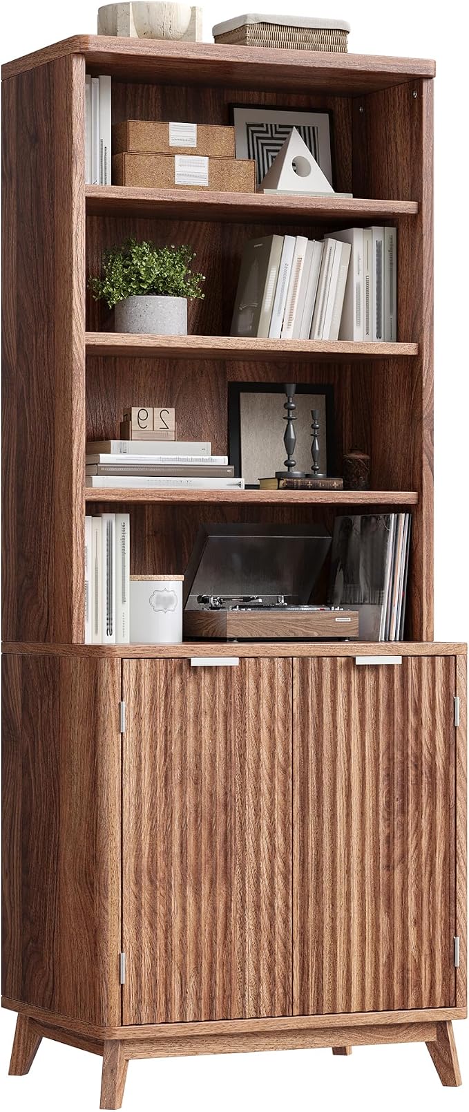 DurayLoly 6-Tier Bookshelf, Modern Bookcase with Fluted Doors & Adjustable Shelves, Mid-Century Cabinet, Wooden Book Shelf for Home Office, Living Room, Kitchen, Walnut