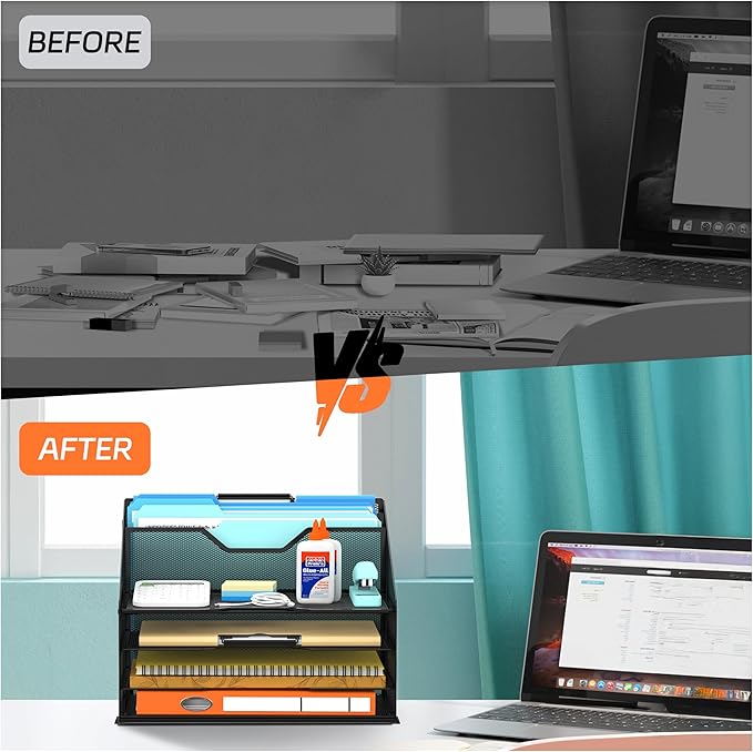 SUPEASY Desk File Organizer with 4 Letter Trays and 2 Vertical Sections, Heavy-Duty Metal Mesh Paper Organizer for Office, Home, Workspace – Black