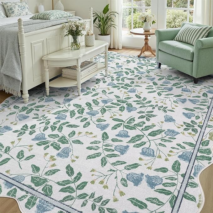 DCX Washable Botanical Floral Rug 5x7, Blue and Green Scalloped Rug, Non Slip Low Pile Carpet for Bedroom, Living Room, Kid & Pet Friendly