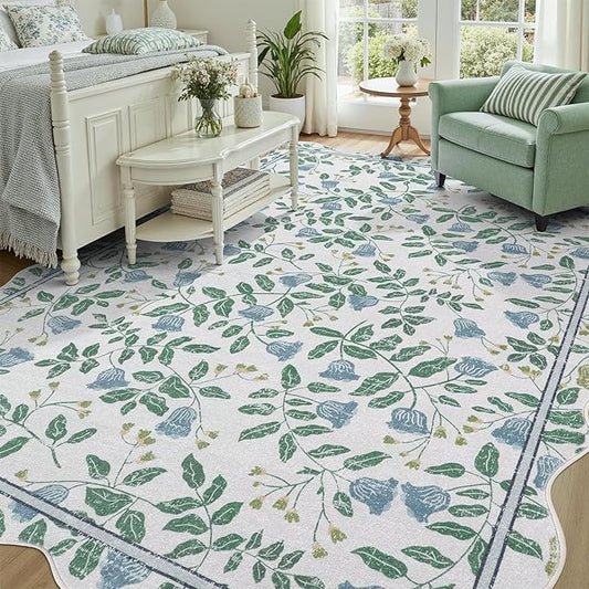 DCX Washable Botanical Floral Rug 8x10, Blue and Green Scalloped Rug, Non Slip Low Pile Carpet for Bedroom, Living Room, Kid & Pet Friendly