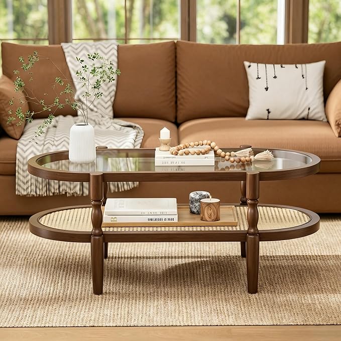 Rattan Coffee Table, Oval Cocktail Table with Glass Top and Solid Wood Frame, Boho Indoor & Outdoor Coffee Table, Walnut, 40 in