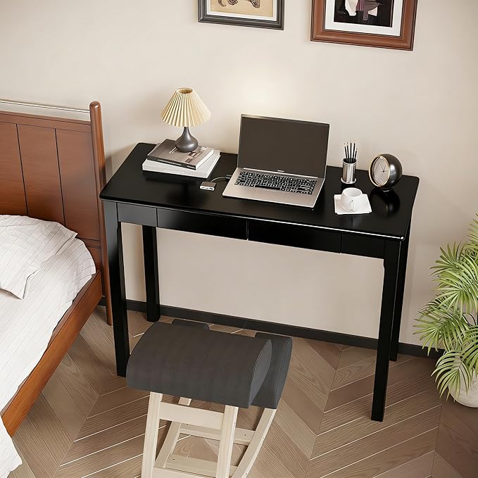 Solid Wooden Desk with Drawers - 39 x 16 Inch Modern Narrow Desks, Rubberwood Simple Study Table, Small Writing Desk for Bedroom|Small Spaces - Black Desks