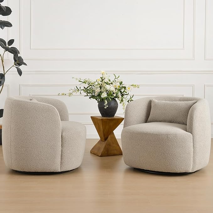 KINWELL 34" Wide Sherpa Swivel Barrel Chairs Set of 2, No Assembly Round Boucle Upholstered Accent Chairs Armchairs Single Sofa Chair with Toss Pillow for Living Room and Bedroom, Taupe