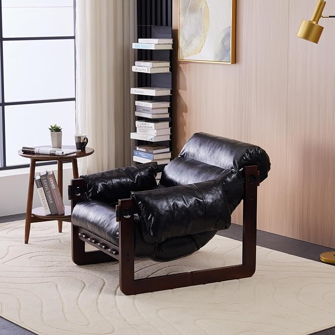 Leather Accent Chair, Mid Century Modern Lounge Chair with Removable Armrests Oil Wax Faux Leather Armchair for Living Room Bedroom Office (Antique Black)