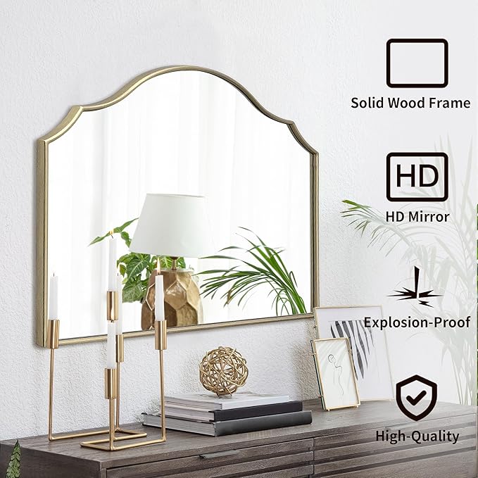 Besdomus Gold Scalloped Mirror for Vanity: 32"x24" Modern Minimalist Wooden Bathroom Mirror - Decorative Dresser Wall for Mantel/Bedroom/Entryway/Hallway - Ideal for 20-55 Age Fashion Women