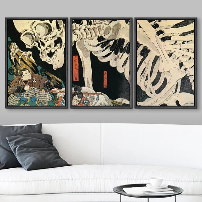 wall26 Framed Wall Art Print Set Witch & Skeleton Ukiyo-E by Utagawa Takiyasha Historic Cultural Illustrations Fine Art Chic Scenic Multicolor for Living Room, Bedroom, Office - 24"x36"x3 Black
