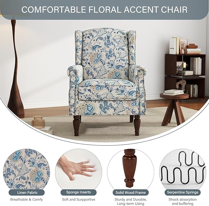 High Back Floral Accent Chair, Fabric Upholstered Armchair Wingback Arm Chair for Living Room, Nailhead Trim Single Sofa Bedroom Side Reading Seat with Retro Solid Wood Legs - Boho Blue