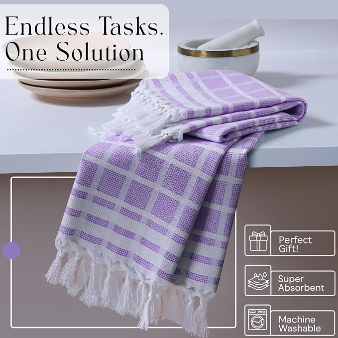 Matrix Dobby Kitchen Towels 4 Pack, 16x26 Inches, 100% Cotton, Absorbent Reusable Dish Cloths with Handmade Tassels, Washable Hand Towels for Drying - Lavender, White
