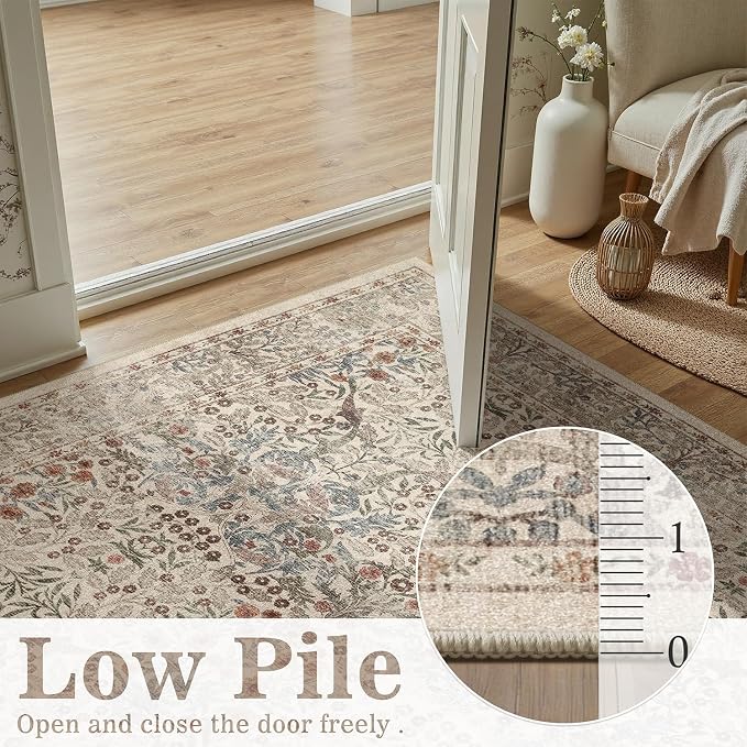 DCX Beige 6x9 Area Rug, Machine Washable Non Slip Stain Resistant Soft Vintage Floral Rug, for Living Room, Bedroom, Dining Room, Soft Low Pile Large Carpet