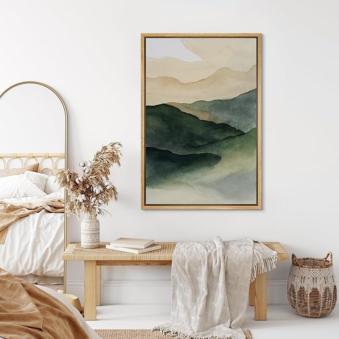 SIGNLEADER Framed Canvas Print Wall Art Watercolor Landscape Green and Beige Mountain Hills Illustration Modern Art Decorative Nordic Zen for Living Room, Bedroom, Office - 24"x36" NATURAL