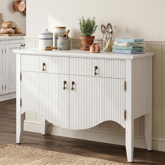 FUSUNBAO 40" Retro Buffet Cabinet with Storage, Fluted Sideboard Credenza with Drawer, Accent Bar Cabinet for Living Room Furniture, Coffee Bar or Entryway, Dining Room, White