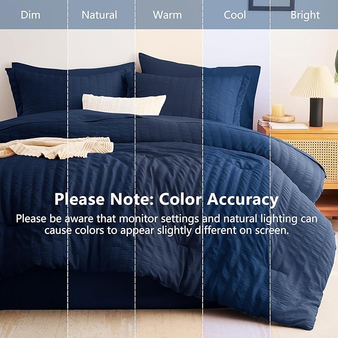 CozyLux King Size Comforter Set Navy Blue, 7 Pieces Seersucker Textured Luxury Bed in a Bag, All Seasons Soft Bedding Sets with Down Alternative Comforter, Sheets, Pillowcases & Shams, Home Gift