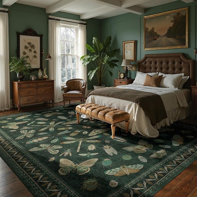 DCX 5x7 Washable Insect Rug, Vintage Gothic Dark Green Rug with Non-Slip Rubber Backing, Soft Low-Pile, Stain-Resistant, Kid & Pet Friendly, for Living Room, Bedroom, Office, and Nature-Themed Decor