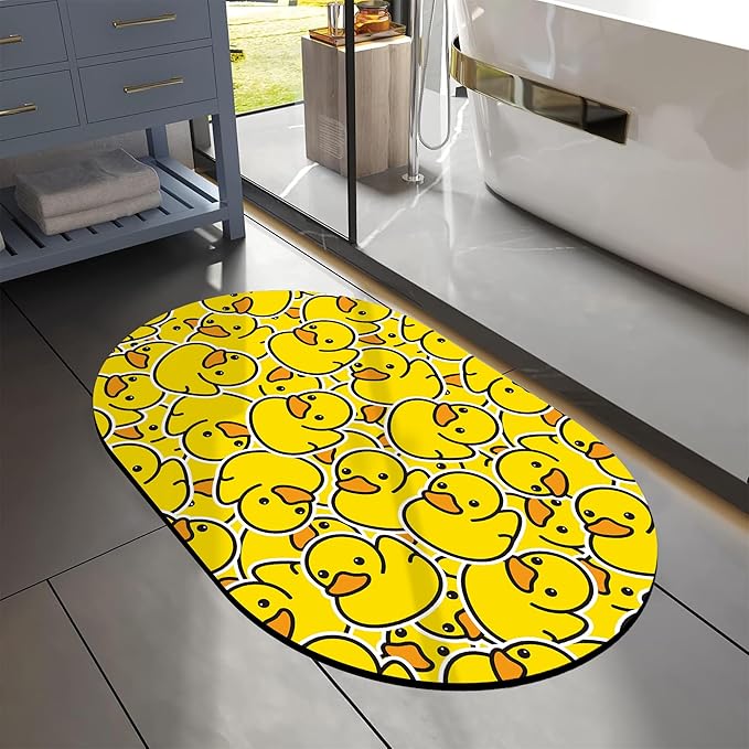 Oval Bath Mat Cute Cartoon Ducks Diatomaceous Mud Mats with Rubber Backing Ultra Soft Washable 23.6"×15.7" Quick Dry Thin Bath Rugs for Bathroom Floor Bathtub Vanity Easy Care