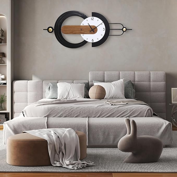 Modern Minimalist Wall Clocks,Black Metal & Wood Geometric Design Large Wall Clocks,Silent Non-Ticking Battery Operated,for Living Room Home Office Wall Art