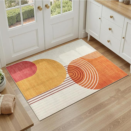 DCX Abstract Machine Washable 2x3Rug, Mid Century Modern Rug for Living Room, Soft Low Pile Non Slip Carpet, Kid & Pet Friendly Stain Resistant Rug for Bedroom Dining Room Office, Orange & Yellow