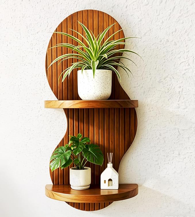 2-Tier Boho Arch Wall Shelf, 17x7.9in Mid Century Modern Wood Floating Shelves, Rustic Brown Hanging Shelf for Living Room Bedroom Office Decor Plant Display