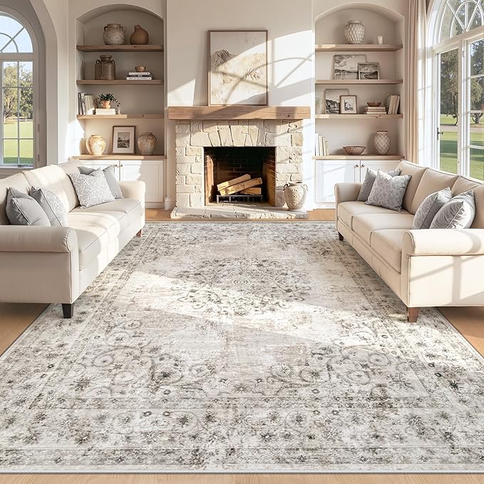 Area Rug 8x10 Vintage Rug: Large Washable Indoor Medallion Rugs Low Pile Distressed Floor Carpet Retro Accent Rug for Living Room Bedroom Kitchen Dining Table Home Office(Distressed Taupe, 8'x10')
