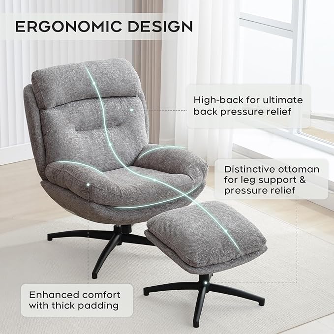 Swivel Accent Chair with Ottoman Set for Living Room, Chenille Comfy Reading Chair with High Back, TV Lounge Chair with 360 Degree Swiveling, Tilting for Bedroom, Modern Armchair with Footrest, Grey