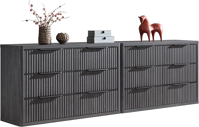 SICOTAS Dresser for Bedroom 107" Wide 6 Drawer Dressers & Chests of Drawers for Closet Long Large Modern TV Stand Set for Clothes Storage Fluted Clothes Closet for Hallway Entryway, Dark Grey Alder