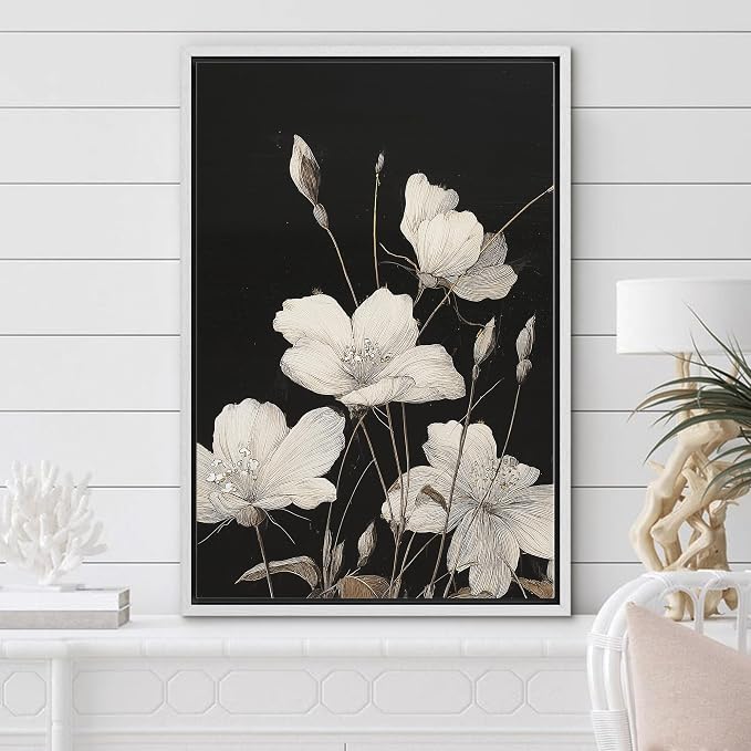 Woodrose Framed Canvas Print Wall Art Delicate White Flowers Elegant Botanical Line Illustrations Modern Art Minimalist 3D Colorful Ultra for Living Room, Bedroom, Office - 24"x36" WHITE