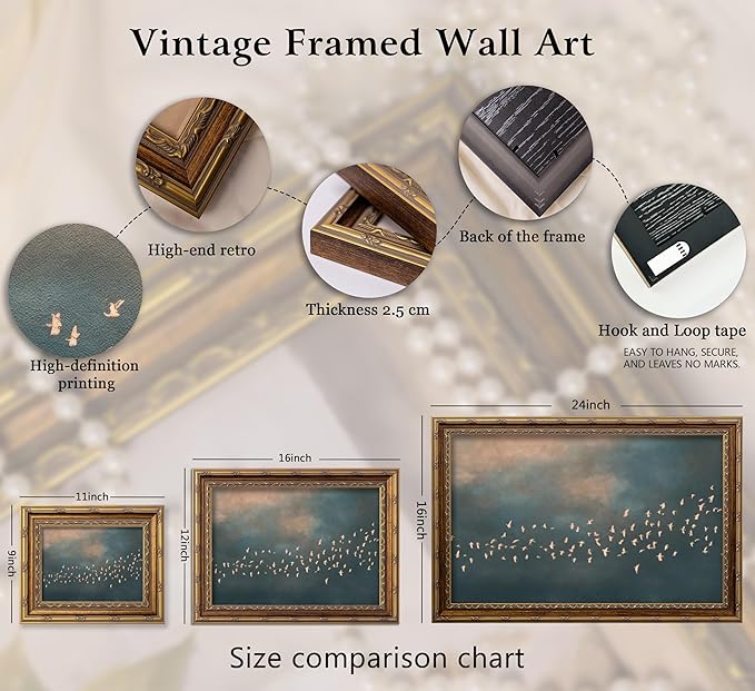 Vintage Gold Framed Flock of Birds in Flight Wall Art, Abstract Teal and Blush Sky Canvas Prints, Minimalist Nature Painting Poster Artworkfor Living Room Bedroom Office Wall Decor，12x16in