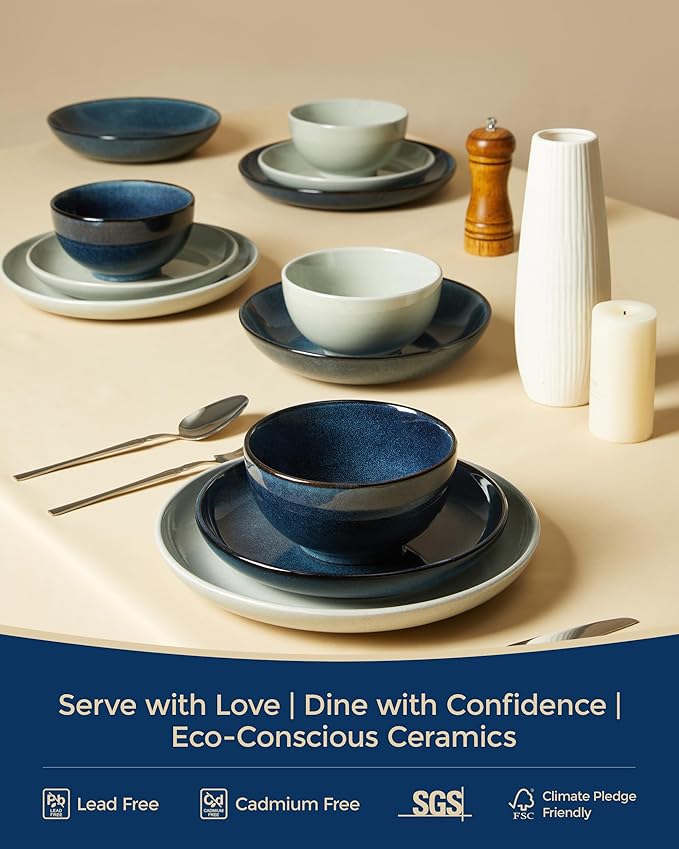 Stoneware Dinnerware Sets Service for 4, 12 pcs Reactive Glaze Plates and Bowls Sets, Handmade Ceramic Dish Set, Highly Chip and Crack Resistant Modern Plate Set, Starry Blue