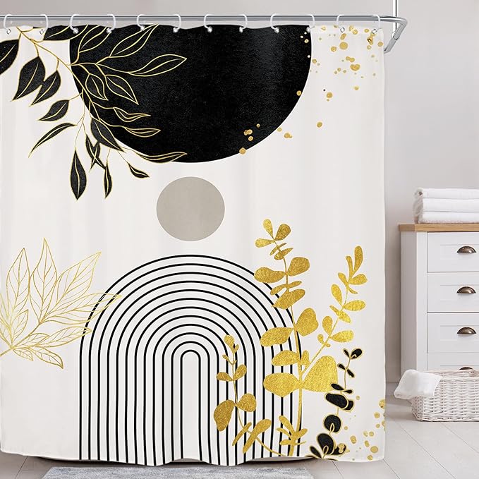 Riyidecor Black Gold Extra Long Shower Curtain for Bathroom Decor 72Wx84H Boho Mid Century Modern Abstract Gold Leaves Minimalist Geometric Art Printed Fabric Polyester Waterproof 12 Pack Plastic Hook