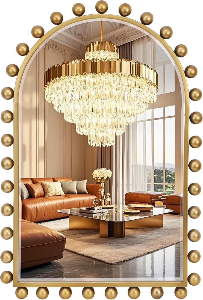 24x36 Inch Arched Wall Mirror with Antique Gold Ball Frame, Beveled Arched Decorative Wall Mirror, Vintage Gold Accent Mirror for Living Room, Entryway, Bedroom, Hallway & Over Console Decor