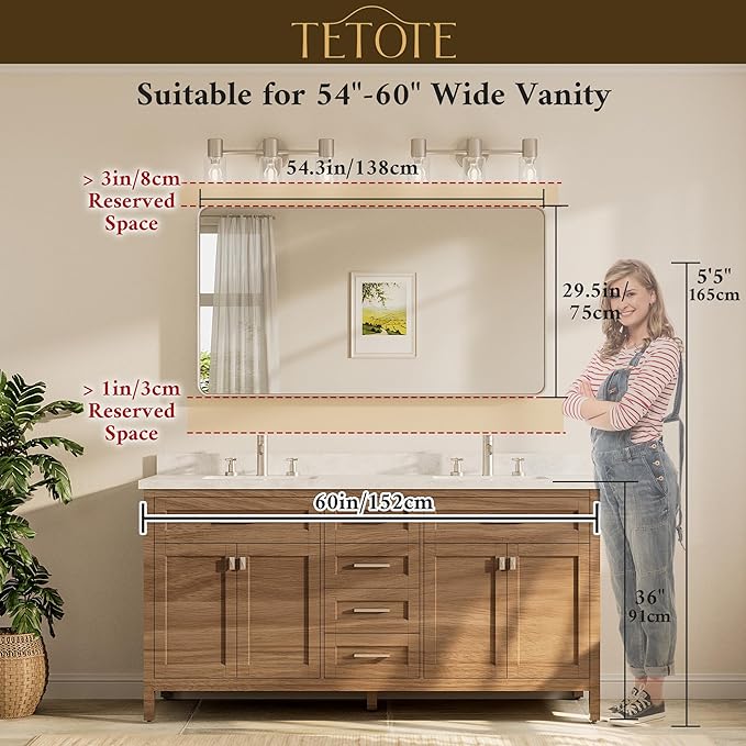 TETOTE 55 x 30 Inch Bathroom Mirror, Matte Black Modern Metal Frame Rectangle Modern Farmhouse Wall Mounted Vanity Mirror (Horizontal/Vertical)