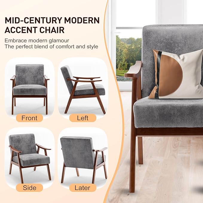 Furnimart Accent Chairs Set of 2, Mid-Century Modern Chair Reading Chairs with Extra-Thick Backrest, Wooden Armchairs for Living Room, Bedroom, Waiting Room, Grey Fabric