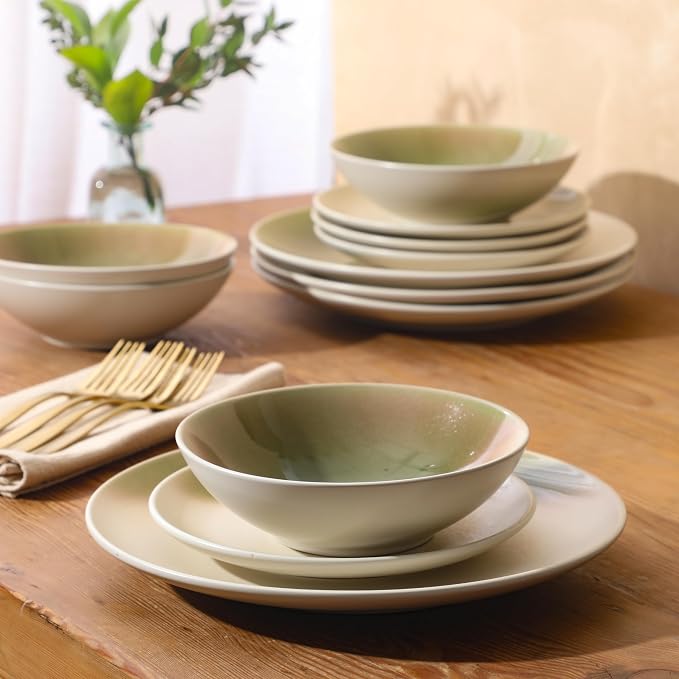 Gibson Elite Crescenton Plates and Bowls Sets, 12-Piece Green Stoneware Dinnerware Sets, Round Reactive Glaze Dish Set