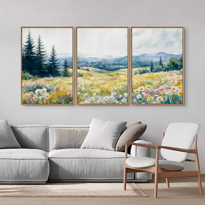 KaiWithYuan Watercolor Mountain Woodland Framed Canvas Wall Art, Nature Pine Tree Forest Wall Decor, Modern Daisy Flower Art Paintings, Cozy Meadow Artwork for Bedroom Living Room Office 16"x24"x3