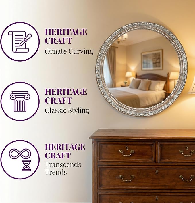 23.62'' Ornate Round Wall Mirror with Distressed Frame & Pre-Installed Hanging, Decorative Mirror with Large Reflective Surface for Bathroom Bedroom Living Room, Ancient White