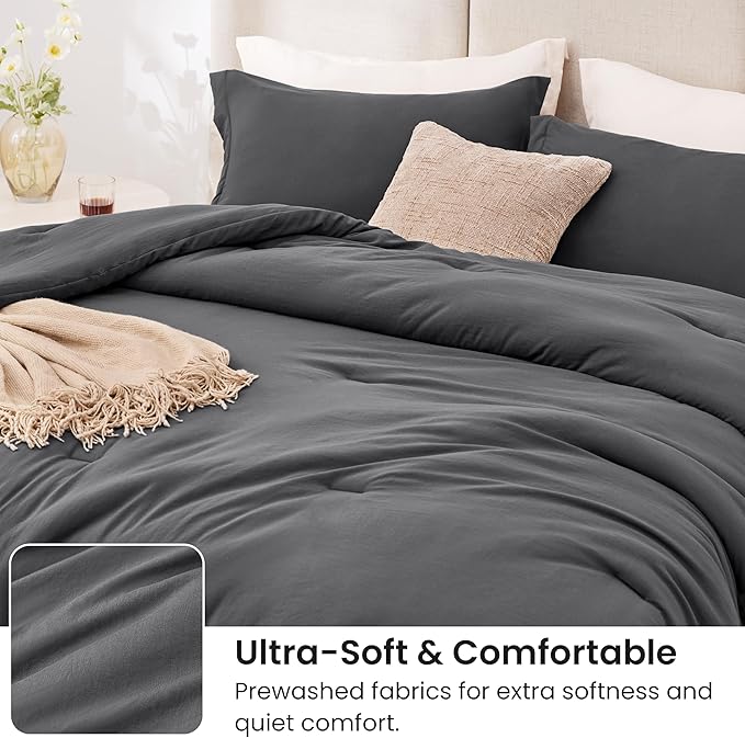Love's cabin Dark Grey Full Comforter Set, 3-Piece Prewashed Bed Set with 1 Comforter (79 x 90 in) & 2 Pillowcases, Lightweight & Breathable for All Seasons