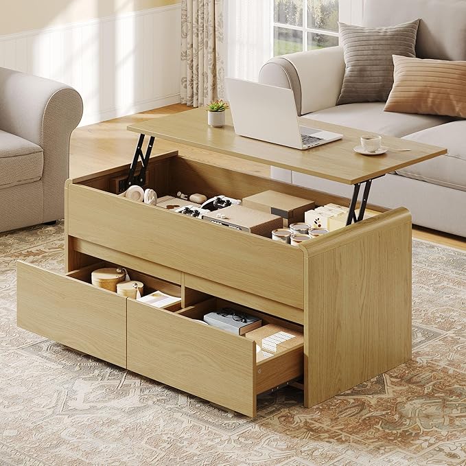 Coffee Table Lift Top, 40 Inch Multi-Function Coffee Table with 2 Drawers, Hidden Compartment, Curved Profile Design, Converts to Home Office Table, Dining Table for Living Room, Natural